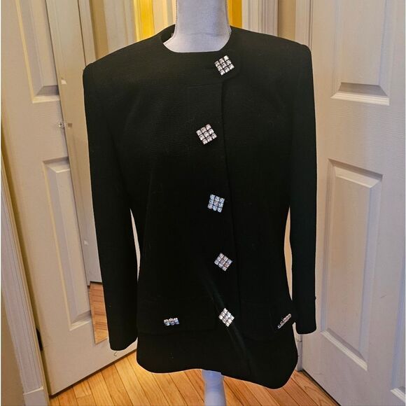 VINTAGE LUXURY BLACK JACKET W/ SQUARE RHINESTONE BUTTONS - Picture 1 of 8